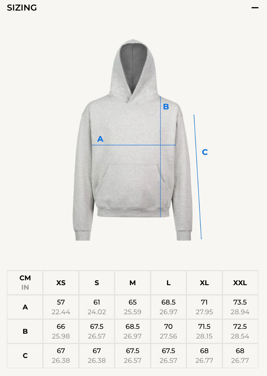 Gray hoodie with measurement lines and size chart on a white background